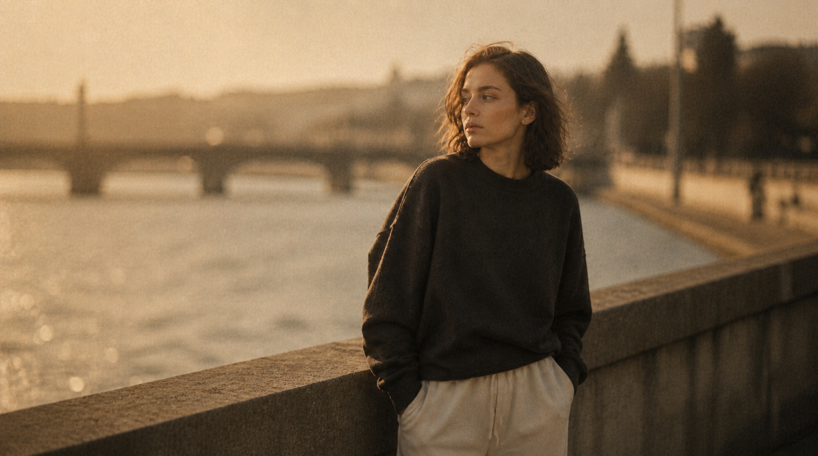 Editorial portrait — camel coat over silk slip dress in afternoon light