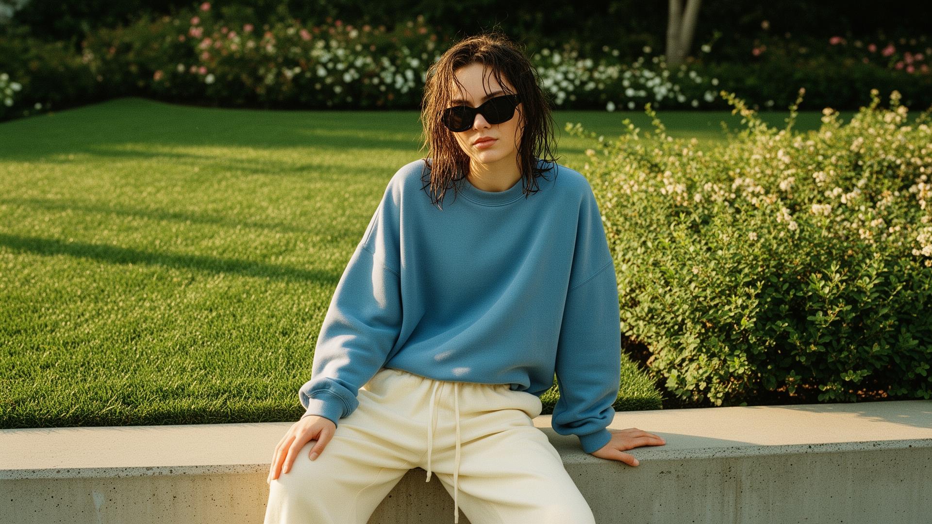 Editorial portrait — camel coat over silk slip dress in afternoon light